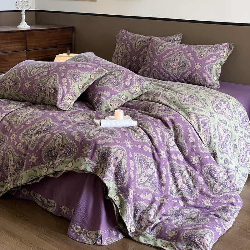 Parure de lit en gaze de coton double épaisseur de style rétro (4 pièces)