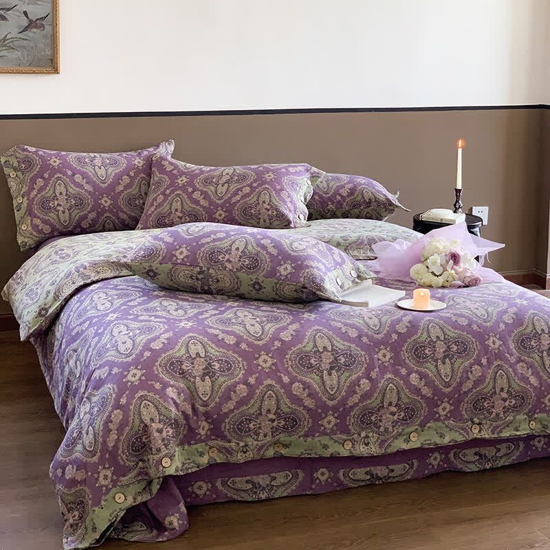 Parure de lit en gaze de coton double épaisseur de style rétro (4 pièces)