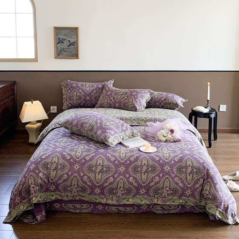 Parure de lit en gaze de coton double épaisseur de style rétro (4 pièces)