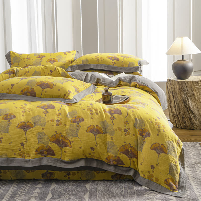 Parure de lit vintage en gaze de coton avec feuilles de ginkgo (4 pièces)