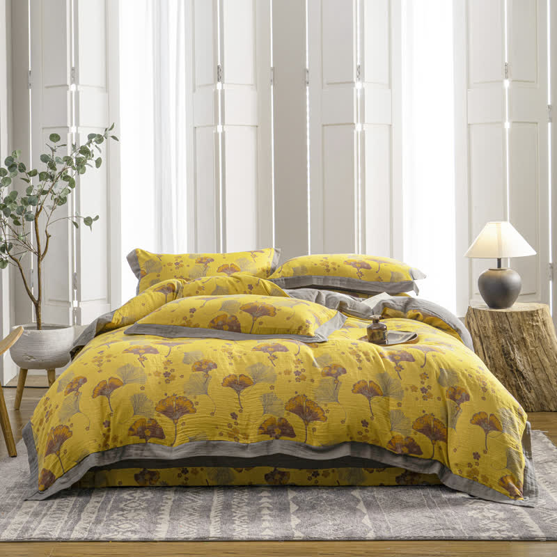 Parure de lit vintage en gaze de coton avec feuilles de ginkgo (4 pièces)