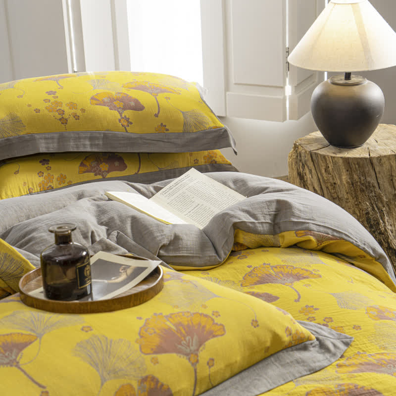 Parure de lit vintage en gaze de coton avec feuilles de ginkgo (4 pièces)