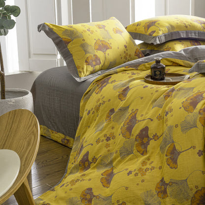 Parure de lit vintage en gaze de coton avec feuilles de ginkgo (4 pièces)