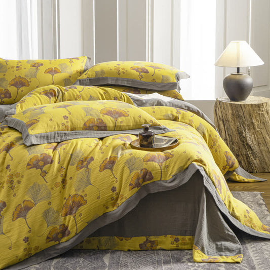 Parure de lit vintage en gaze de coton avec feuilles de ginkgo (4 pièces)