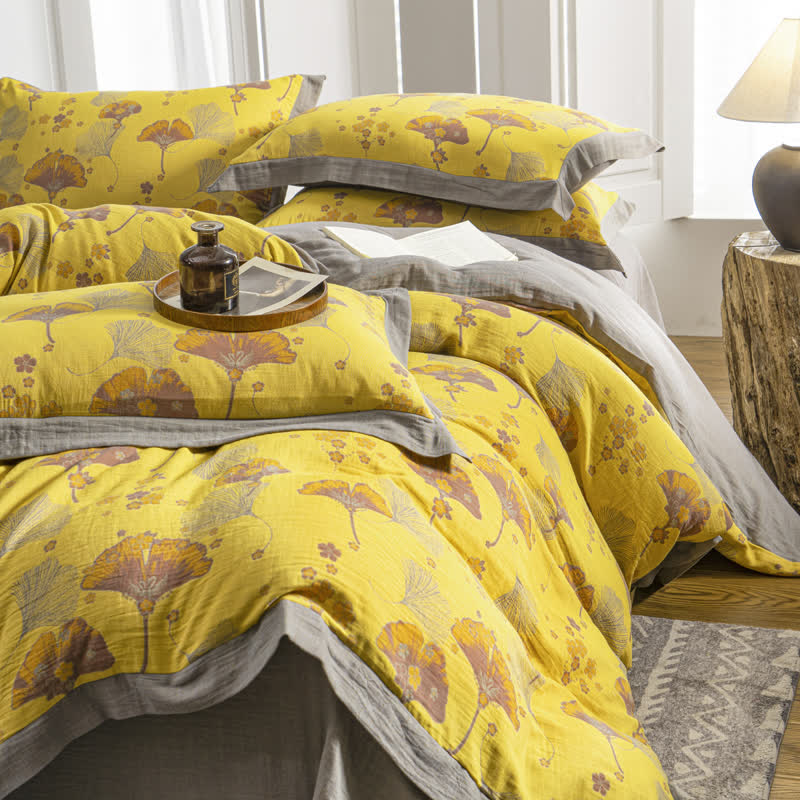 Parure de lit vintage en gaze de coton avec feuilles de ginkgo (4 pièces)