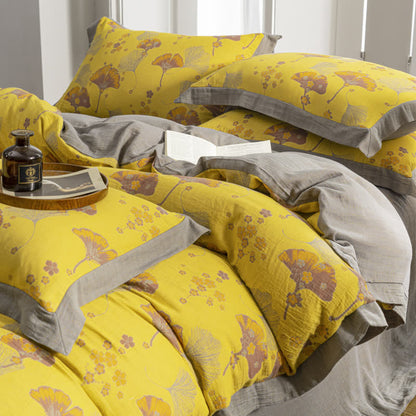 Parure de lit vintage en gaze de coton avec feuilles de ginkgo (4 pièces)