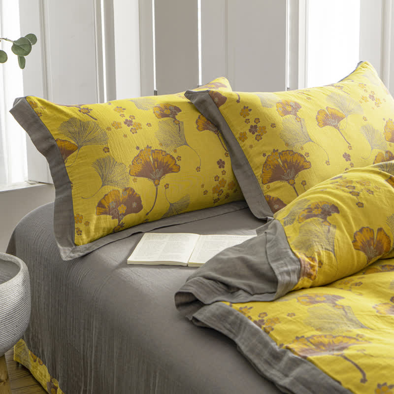 Parure de lit vintage en gaze de coton avec feuilles de ginkgo (4 pièces)
