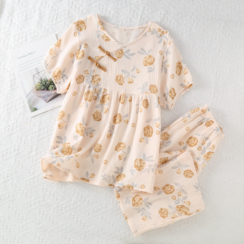 Ensemble pyjama rustique en gaze de coton à motif rose