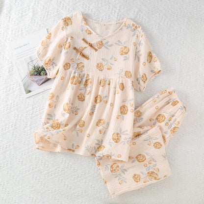 Ensemble pyjama rustique en gaze de coton à motif rose
