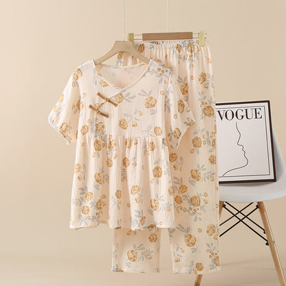Ensemble pyjama rustique en gaze de coton à motif rose
