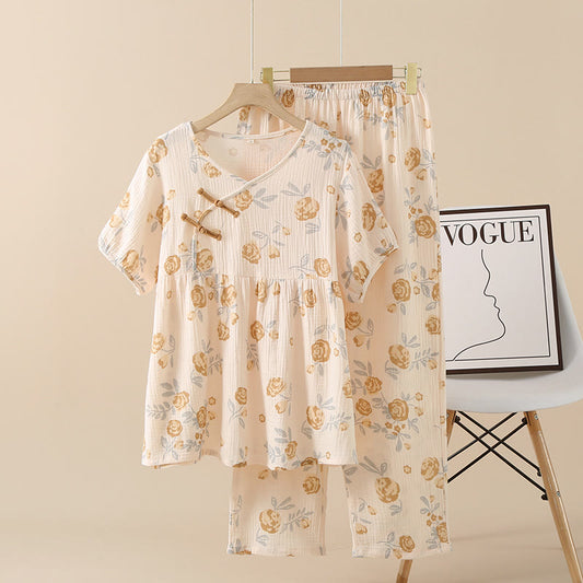 Ensemble pyjama rustique en gaze de coton à motif rose