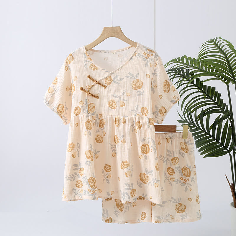 Ensemble pyjama rustique en gaze de coton à motif rose