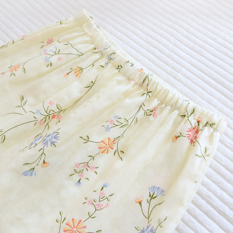 Ensemble pyjama kimono en gaze de coton fleuri