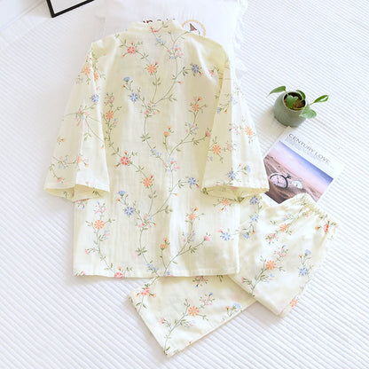 Ensemble pyjama kimono en gaze de coton fleuri