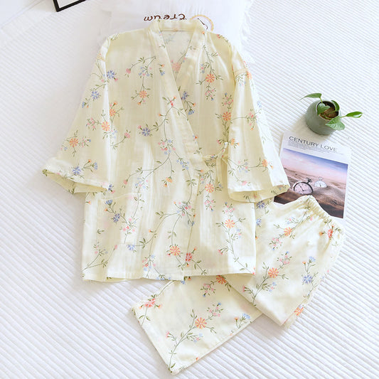 Ensemble pyjama kimono en gaze de coton fleuri