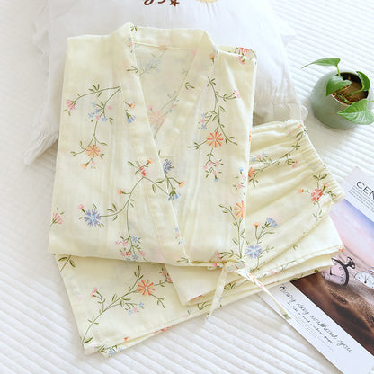 Ensemble pyjama kimono en gaze de coton fleuri