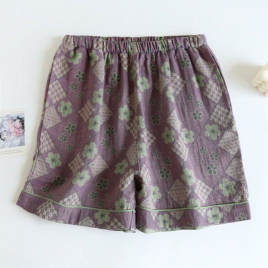 Short de pyjama en pur coton à imprimé damier et floral