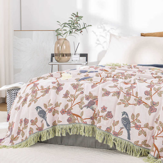Couette à pompons de fleurs et d'oiseaux en gaze de coton