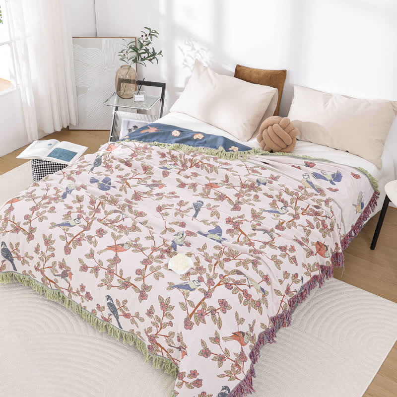 Couette à pompons de fleurs et d'oiseaux en gaze de coton