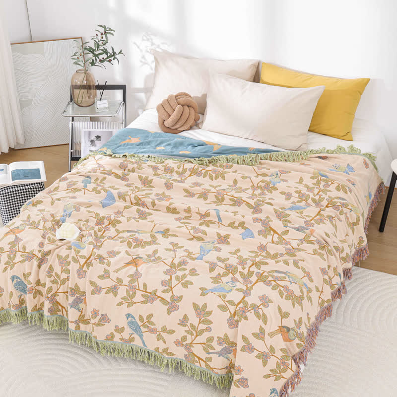 Couette à pompons de fleurs et d'oiseaux en gaze de coton