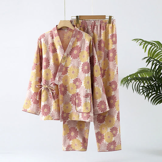 Ensemble de vêtements d'intérieur en jacquard teint en fil en pur coton - Jaune et rose - XL - image 0