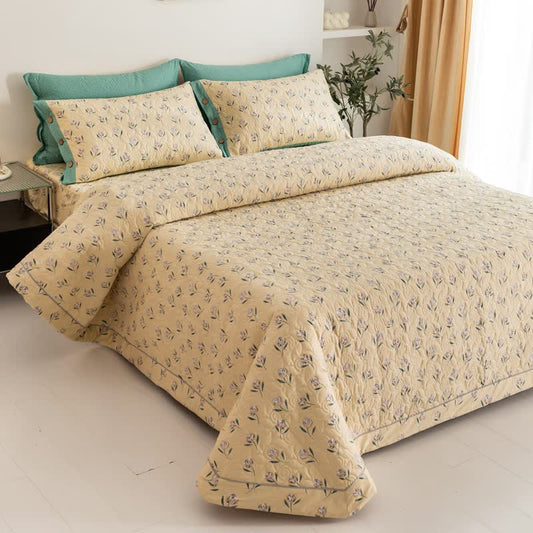 Linge de lit matelassé rustique en pur coton avec tulipes