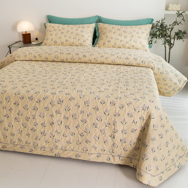 Linge de lit matelassé rustique en pur coton avec tulipes