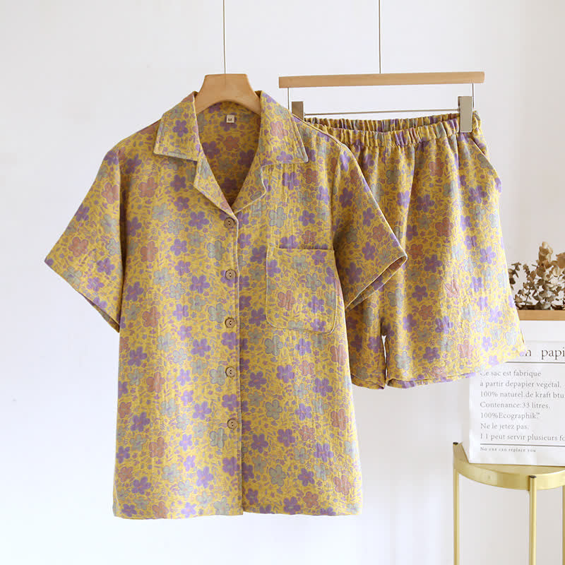 Ensemble pyjama en pur coton avec imprimé floral et col boutonné