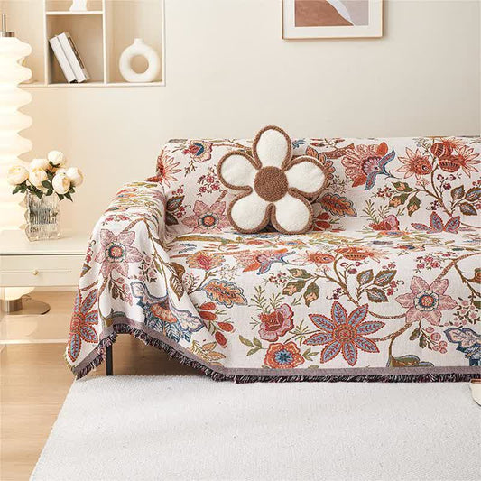 Housse de canapé douce avec motif floral rustique et pompons