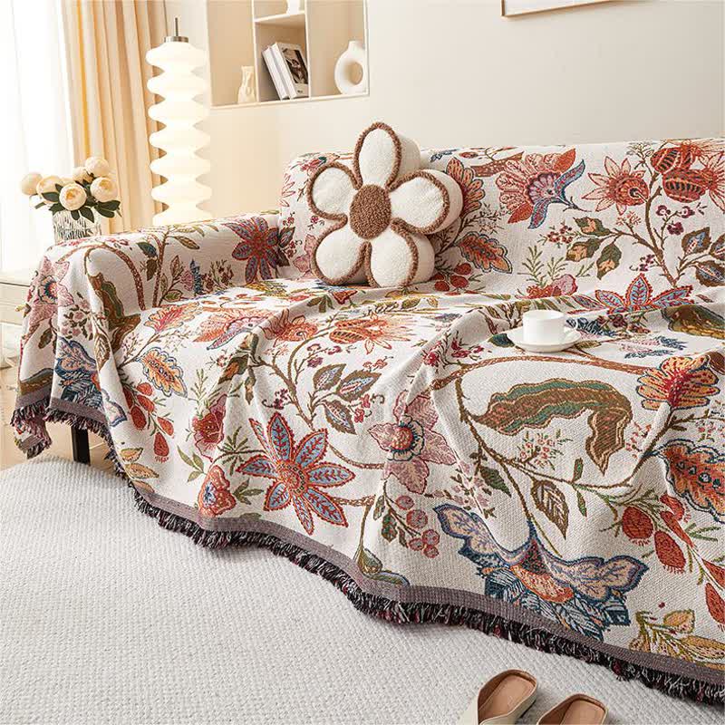 Housse de canapé douce avec motif floral rustique et pompons