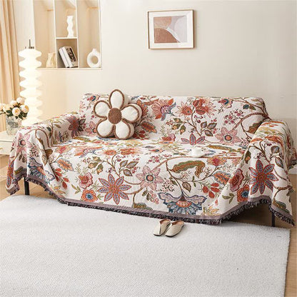 Housse de canapé douce avec motif floral rustique et pompons
