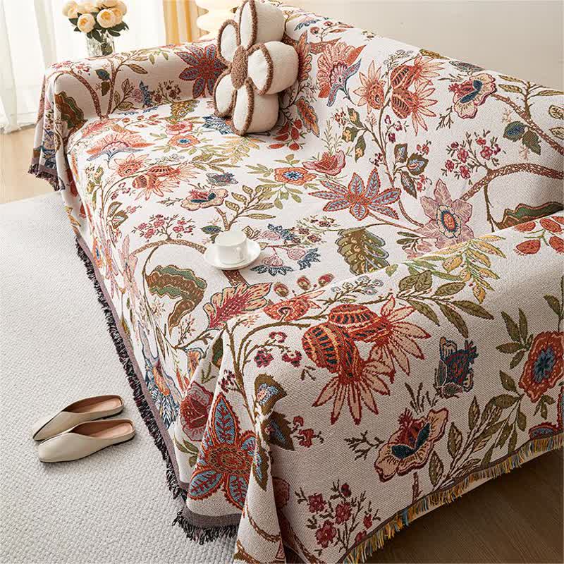 Housse de canapé douce avec motif floral rustique et pompons