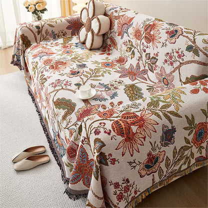 Housse de canapé douce avec motif floral rustique et pompons