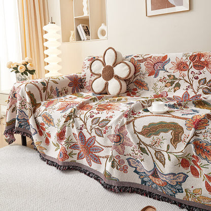 Housse de canapé douce avec motif floral rustique et pompons