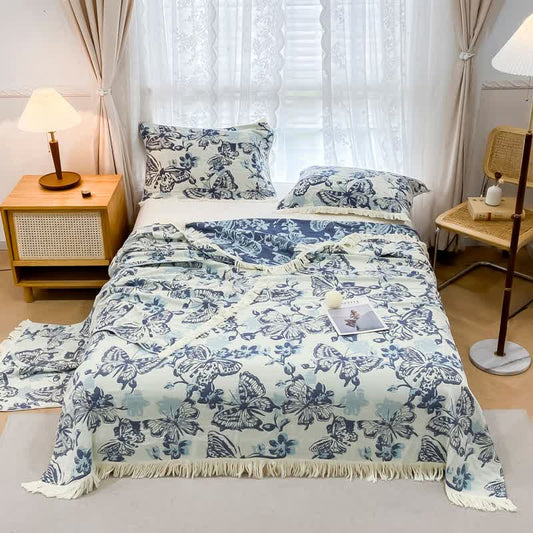 Couette légère à pompons et motif papillon en gaze de coton
