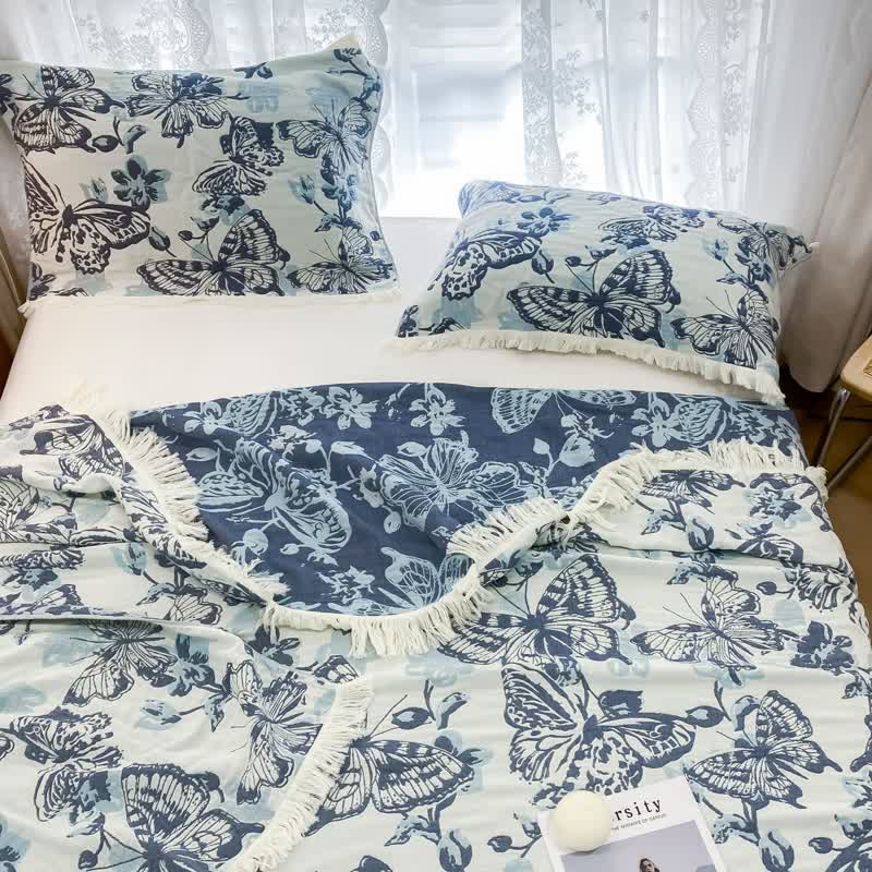 Couette légère à pompons et motif papillon en gaze de coton