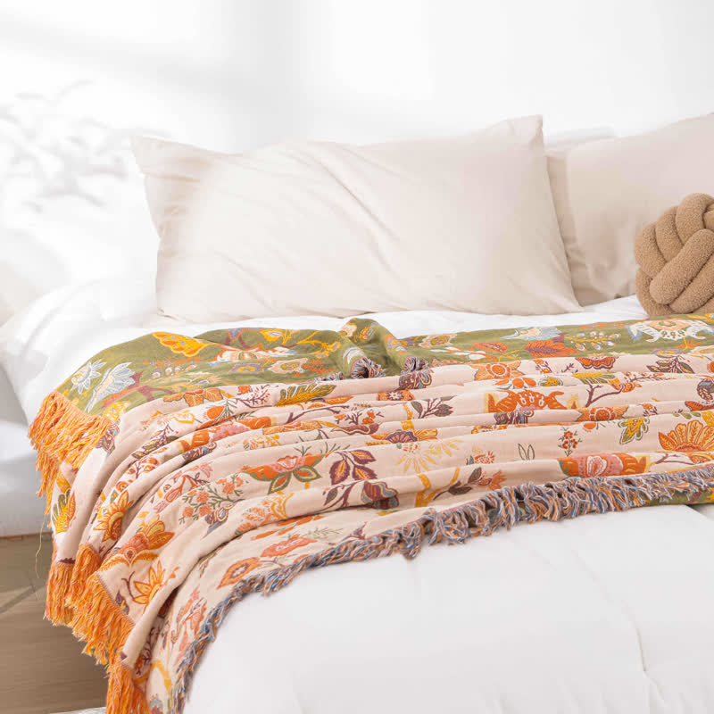 Couverture rustique, réversible et respirante avec pompon floral