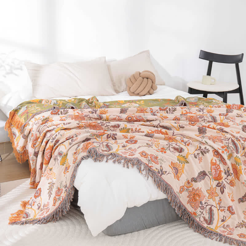 Couverture rustique, réversible et respirante avec pompon floral