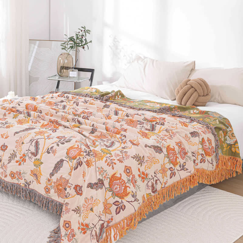 Couverture rustique, réversible et respirante avec pompon floral