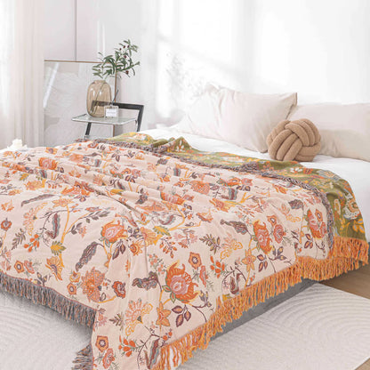 Couverture rustique, réversible et respirante avec pompon floral