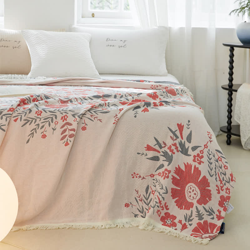 Couette double face en gaze de coton à motif floral jacquard