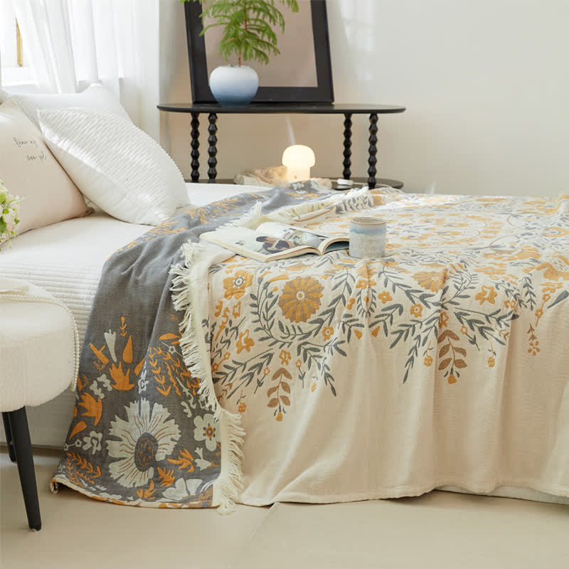 Couette double face en gaze de coton à motif floral jacquard
