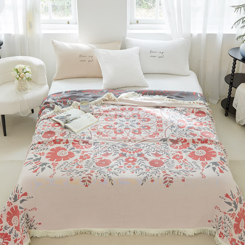 Couette double face en gaze de coton à motif floral jacquard