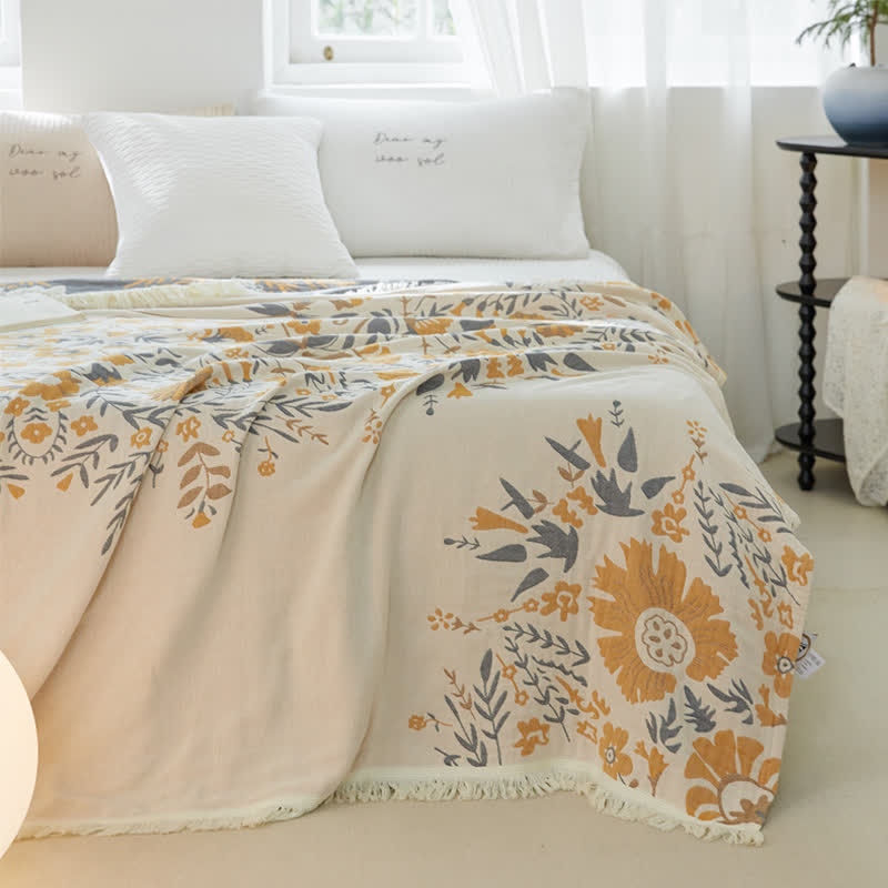 Couette double face en gaze de coton à motif floral jacquard