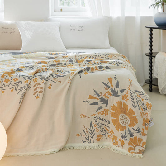 Couette double face en gaze de coton à motif floral jacquard