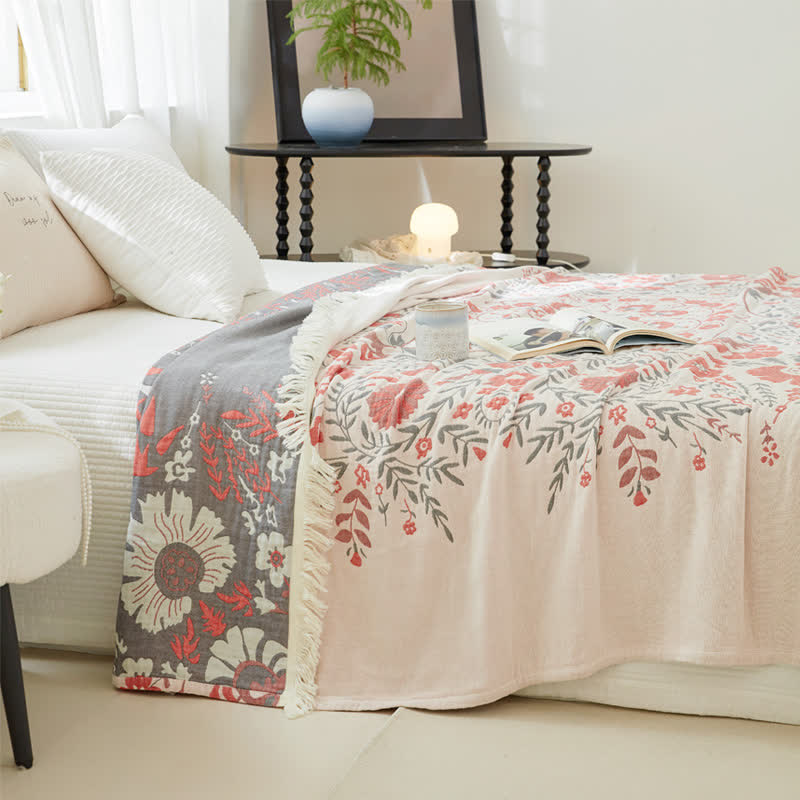 Couette double face en gaze de coton à motif floral jacquard