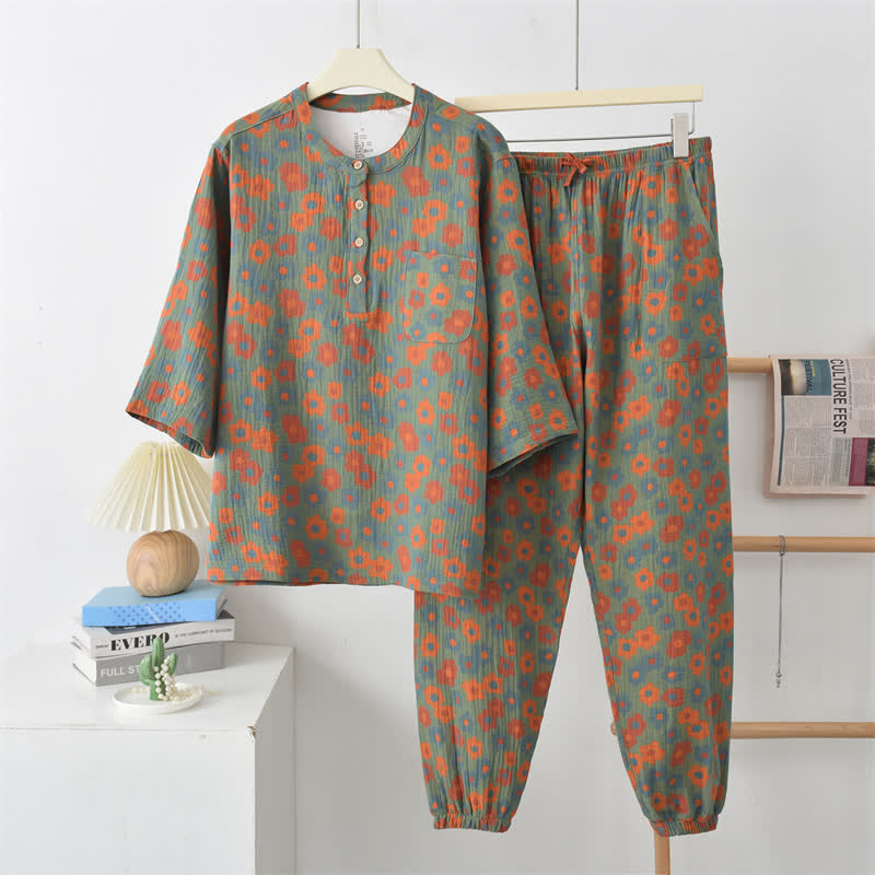 Pyjama à manches courtes en gaze de coton à motif floral