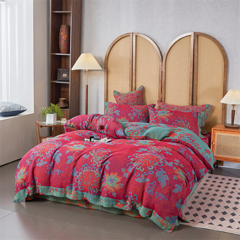 Parure de lit luxueuse en gaze de coton jacquard à motif floral (4 pièces)
