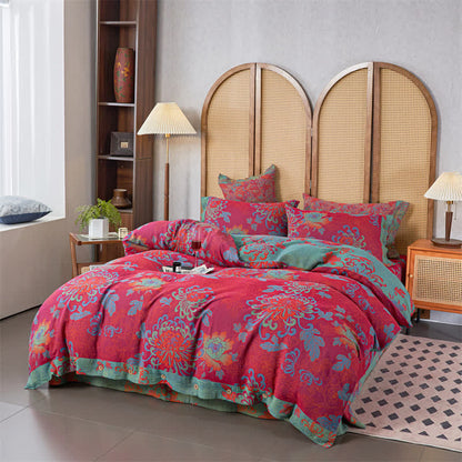 Parure de lit luxueuse en gaze de coton jacquard à motif floral (4 pièces)