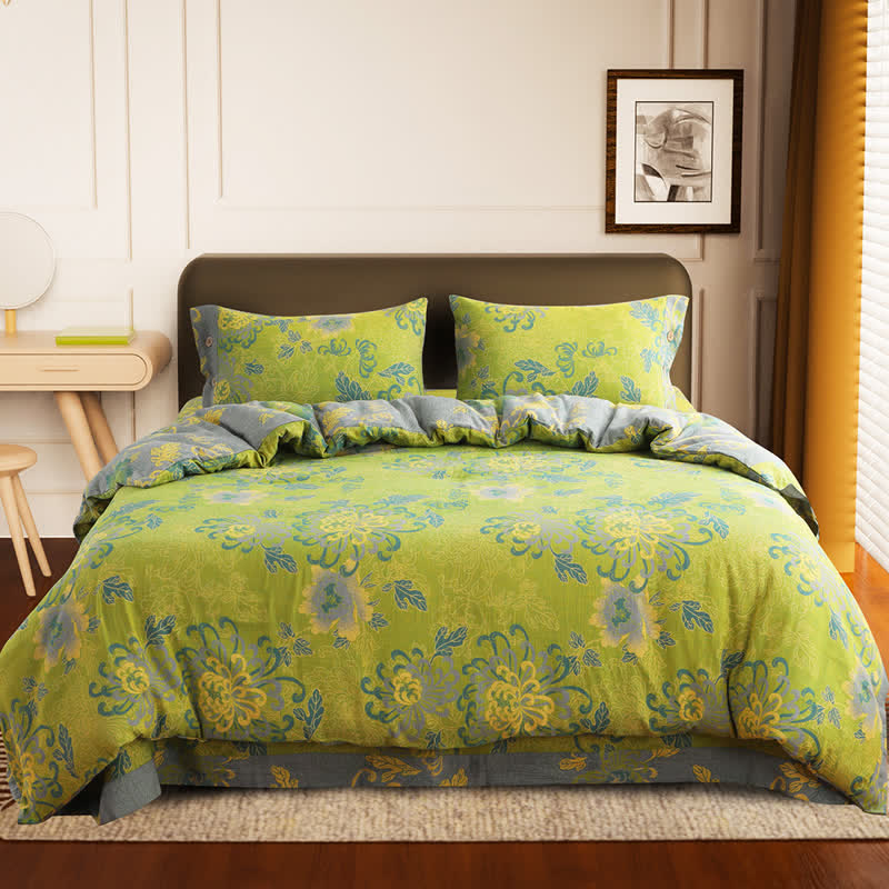 Parure de lit luxueuse en gaze de coton jacquard à motif floral (4 pièces)